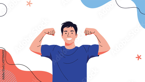 Smiling young man in a blue t-shirt flexes his muscles to show his strength and fitness against a colorful abstract design background.