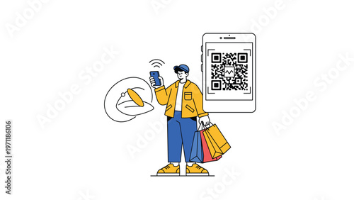 Modern consumer uses a smartphone to scan a large QR code while carrying shopping bags to make a quick and secure digital payment.