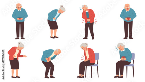 Collection of elderly men and women showing various poses while suffering from stomach aches and digestive discomfort due to illness.