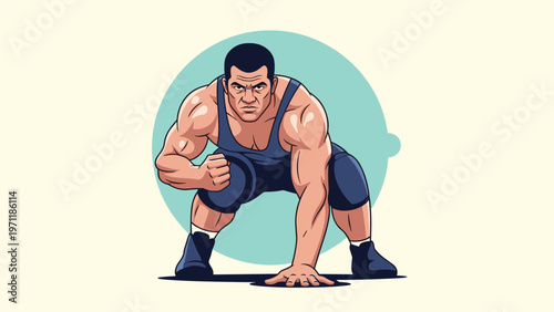 Powerful muscular man in a blue wrestling singlet looks intensely forward while crouched in a starting athletic position on a court.