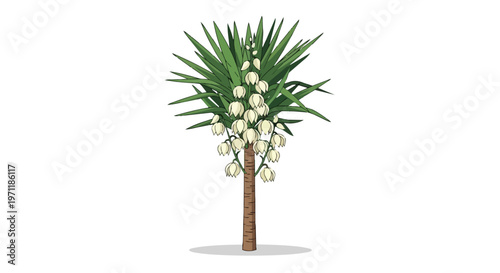 Illustration of a blooming Yucca plant with white flowers isolated on white background