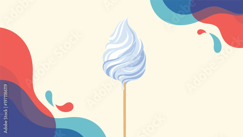 Large fluffy blue cotton candy on a wooden stick centered against a background with colorful abstract shapes and organic patterns.