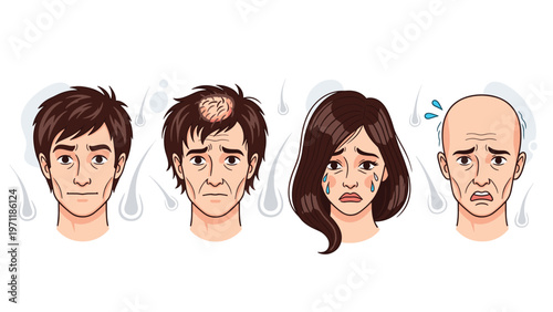 Set of male and female faces showing different stages and types of hair loss, baldness, and related emotional distress in individuals.