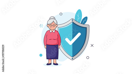 Friendly senior woman standing next to a large blue shield with a white checkmark representing safety and security for the elderly.