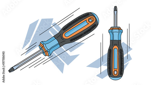 Blue and black manual screwdrivers with ergonomic handles and orange accents shown in two different perspectives on a stylized background.