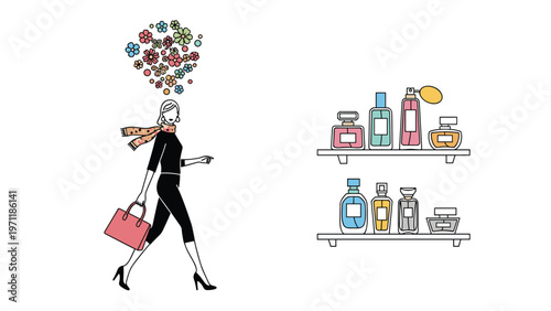 Elegant woman walking while surrounded by floral scents represented by colorful flowers and a display of various perfume bottles on shelves.