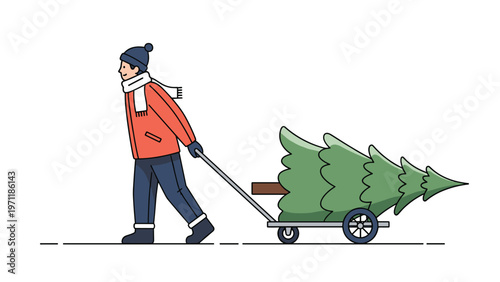 Man dressed in warm winter clothing pulls a freshly cut Christmas tree on a small wheeled cart across a clean white background space.