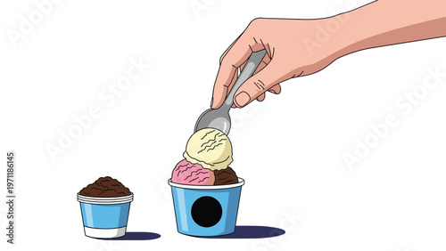 Person's hand uses a metal spoon to add a scoop of vanilla ice cream to a cup already containing strawberry and chocolate flavors.