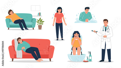 Sick people experiencing various symptoms like fever and chills being attended to by a medical professional in a clinical illustration set.