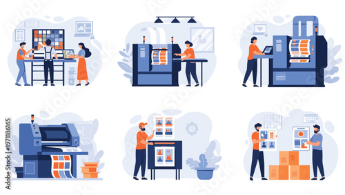 Professional printing house operations showing workers managing large scale industrial printers and sorting finished printed materials in a factory.