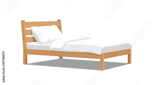 Minimalist wooden bed frame with a clean white mattress and pillow is presented against a plain white studio background.