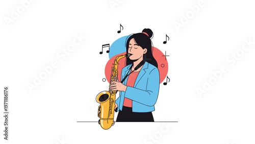 Talented woman plays a golden saxophone with passion as musical notes float around her in a creative artistic setting.