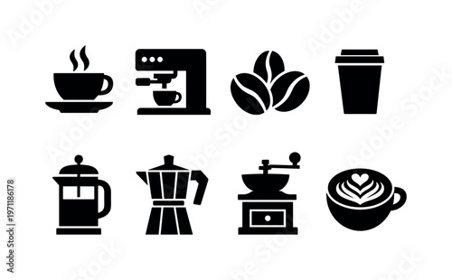 Coffee culture: coffee cup, espresso machine, coffee beans, takeaway cup, French press, moka pot, grinder, latte art
