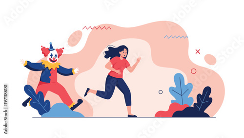 Terrified woman runs away in a panic from a scary clown during a suspenseful or humorous chase scene in a park setting.