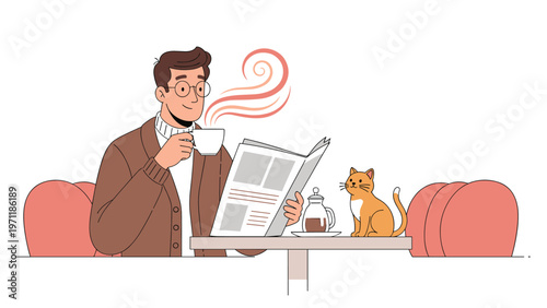 Relaxed man enjoys a quiet morning at a cafe while reading the news and sipping coffee with a curious cat sitting nearby.
