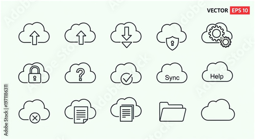 Cloud computing icons representing data storage and online services in a digital world.