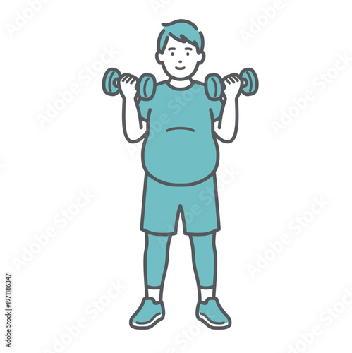 笑顔でダンベルトレーニングをするぽっちゃり男性のイラスト