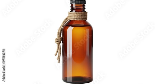 Amber Glass Bottle with Rustic Rope Detail and Golden Liquid on White Background