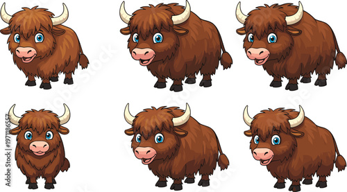 Cute Cartoon Highland Cow Illustrations Set, Kawaii Fluffy Brown Bulls with Horns Big Eyes Various Poses Vector Clipart