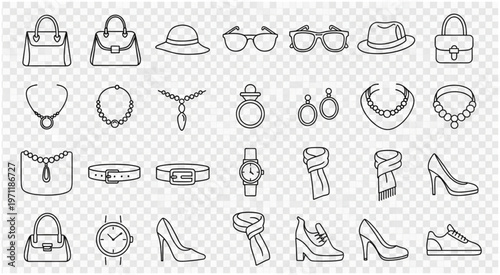 Collection of various fashion accessories, including bags, hats, jewelry, and shoes, in a line art style.