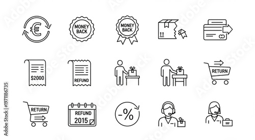 Collection of refund and return icons representing financial transactions and customer service.
