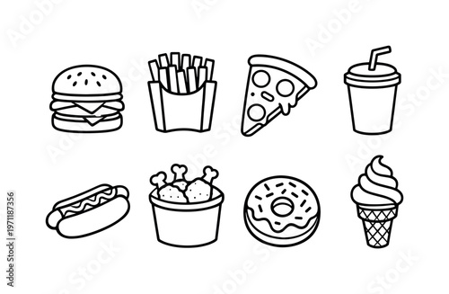 Fast food items: burger, french fries, pizza slice, soda cup, hot dog, fried chicken bucket, donut, ice cream cone