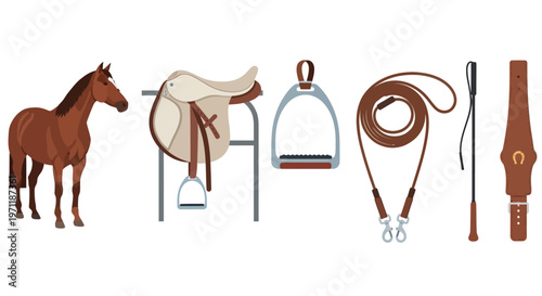 Collection of equestrian equipment including a horse, saddle, stirrups, reins, and a crop