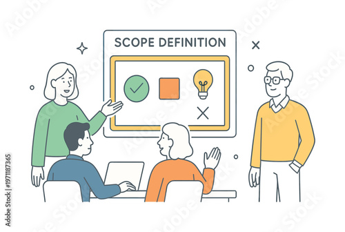 A clear scope definition scenario where a team outlines project boundaries and clarifies what is included and excluded during a planning session