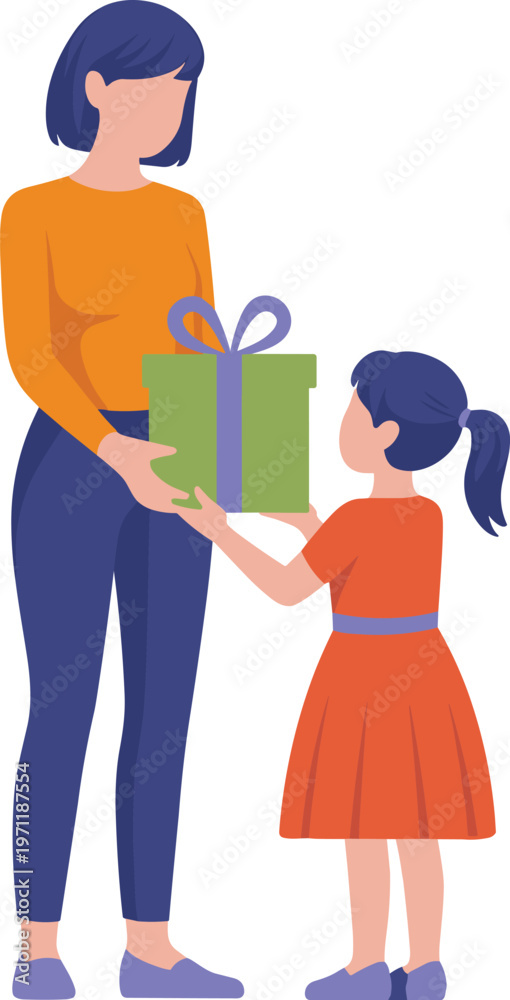 Fototapeta premium mother, daughter, gift, present, giving, family, love, child, woman, kid, birthday, surprise, happy, illustration, vector, graphic, design, cartoon, colorful, artwork
