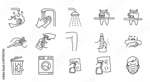 Hygiene and cleanliness icons representing various cleaning and sanitizing activities.