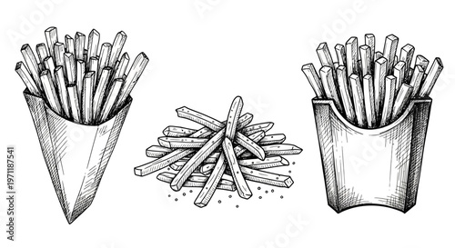 Classic French Fries in Sketch Style A Trio of Delicious Potato Sticks