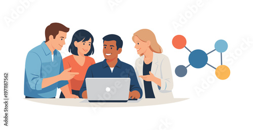 A team aligning communication during a structured meeting moment, gathered near a laptop while a simple connected nodes diagram appears beside it