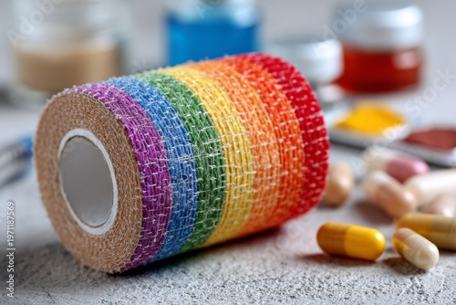 The LGBTQ health clinic displays a rainbow bandage roll, scissors, a gauze tube, and a first aid box on a white table, emphasizing inclusive care and safety for all