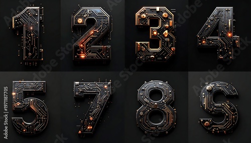 Futuristic Digital Numbers Set on Dark Background.