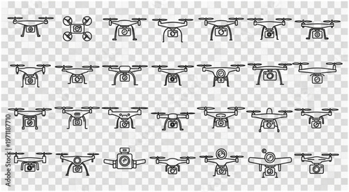 Collection of drone illustrations showcasing various designs and styles for aerial photography and videography.