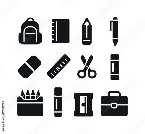 School supplies: backpack, notebook, pencil, pen, eraser, ruler, scissors, glue stick, crayon box, marker, sharpener, lunch box