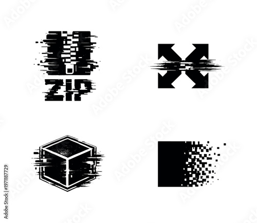 Digital compression and data reduction theme, a set of 4 glitch-distorted monochrome objects placed on a perfectly clean white background