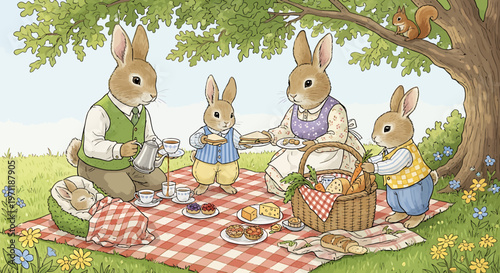 A family of rabbits having a picnic.