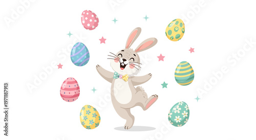 A cheerful Easter bunny dancing with colorful eggs.