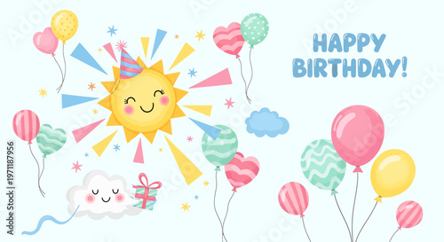 Colorful birthday greeting card with smiling sun.