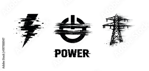 Energy systems and power grid theme, a set of three glitch-distorted monochrome objects arranged on a perfectly clean white background