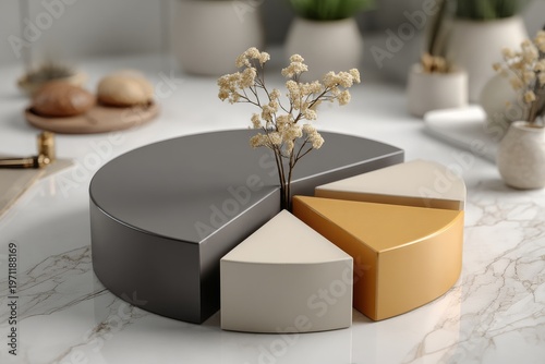 A 3D pie chart illustrates the business success and leadership concept, featuring a golden slice that stands out to symbolize achievement and growth