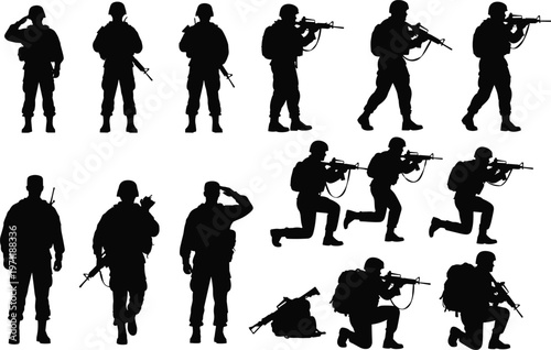 soldier silhouettes collection vector, military personnel poses with rifles, army action icons set, combat troops illustration isolated on white background