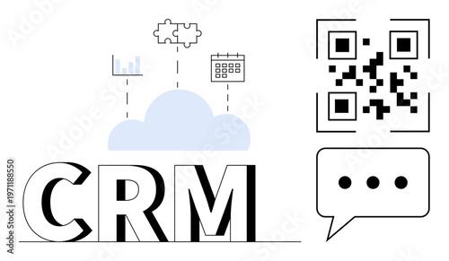 Customer relationship management, data integration, cloud storage, business tools, digital communication, QR codes. CRM text with cloud, chart, puzzle pieces calendar QR code and speech bubble