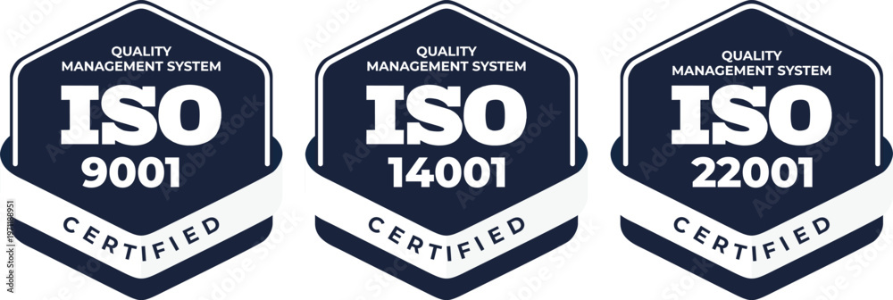 Obraz premium Isolated Vector Set of ISO 9001, 14001, 22001 Quality Management System Certified Badges
