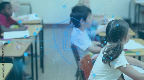 Animation of shapes and padlock over diverse schoolchildren learning in classroom