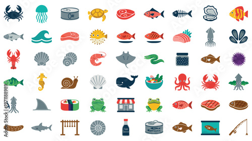 Seafood icons set of various marine life and food products in flat style.
