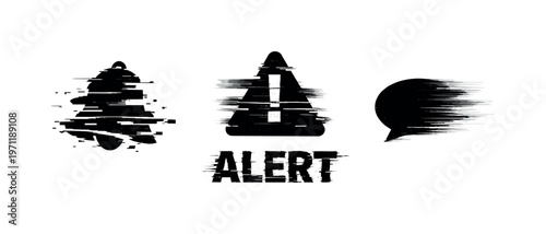 Digital notifications and alert systems theme, a set of three glitch-distorted monochrome objects arranged on a perfectly clean white background