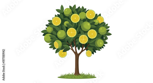 Cartoon Orange Tree with Ripe Citrus Fruits on White Background