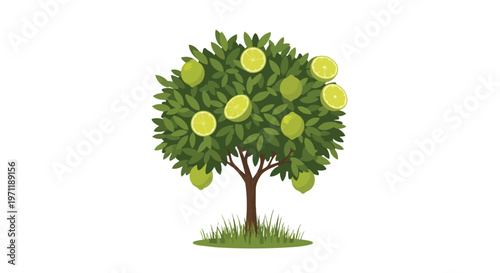 Cartoon Lime Tree with Fresh Green Fruit and Leaves
